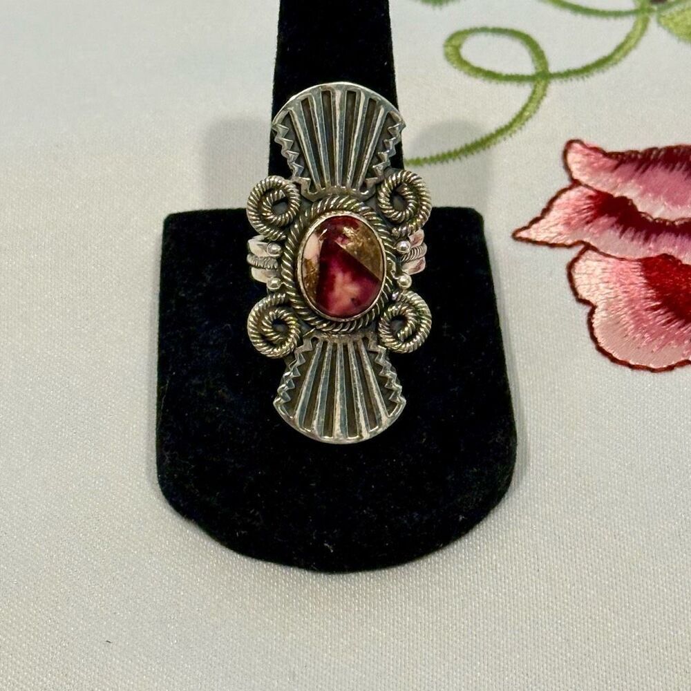 Unique Red Rose Dahlia Turquoise Ring Southwestern Fan Framed Sterling Silver 7